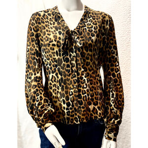 NWT EXPRESS Leopard Print Tie Neck Blouse S Sheer Boho Glam Academia